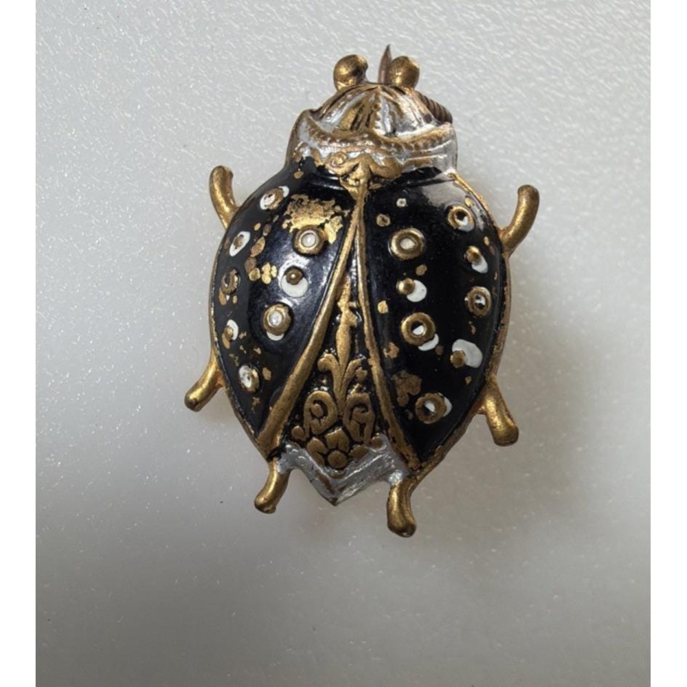 Vtg Damascene Beetle Ladybug Insect Pin Brooch Spain Enamel Scarab 1" Spanish